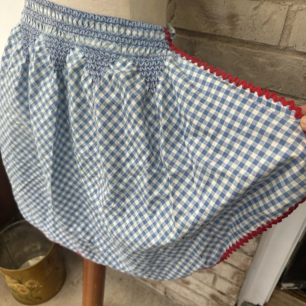Vintage Blue Gingham Half Apron Handmade Smocked Waist Pocket Tie Back Farmhouse